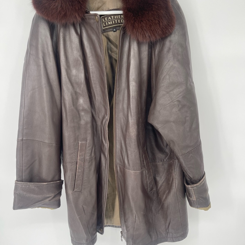 Leather Limited Vintage Brown Leather Coat Fox Fur Trim Collar Thermolite XL‎